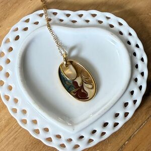 Vintage oval painted enamel pendant gold tone on 18k plated chain